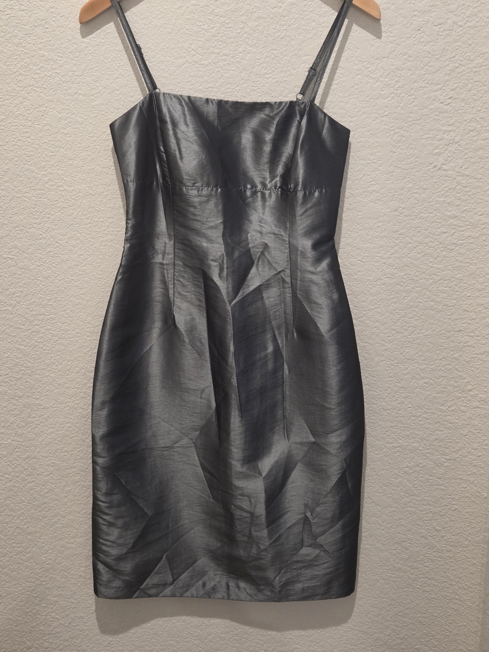 Cue Charcoal Gray Satin Midi Sheath Dress Size S